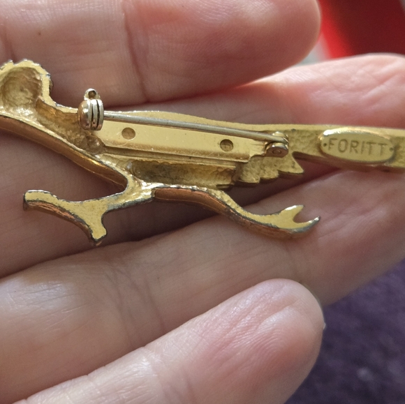 Vintage Road Runner Bird Brooch Pin Gold Tone Foritt Marked Roadrunner - Picture 3 of 4